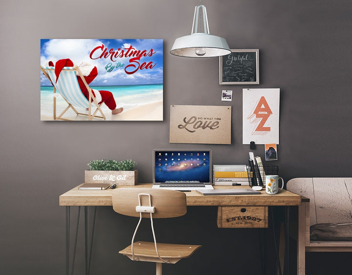 Christmas by the Sea, Santa on the Beach, Sentiment, Lantern Press Photography, Stretched Canvas