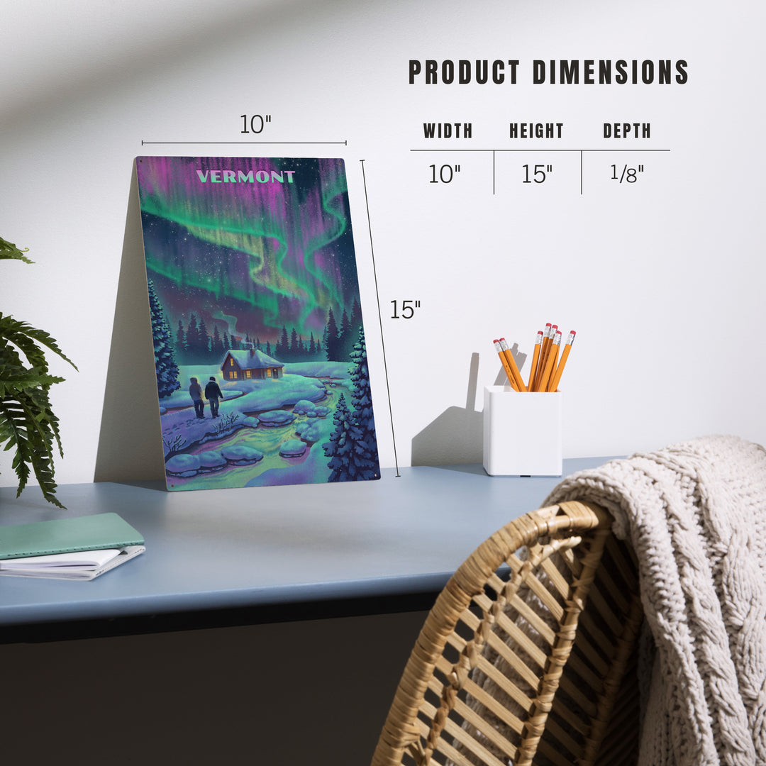 Vermont, Litho, Northern Lights and Cabin, Wood Sign and Postcards