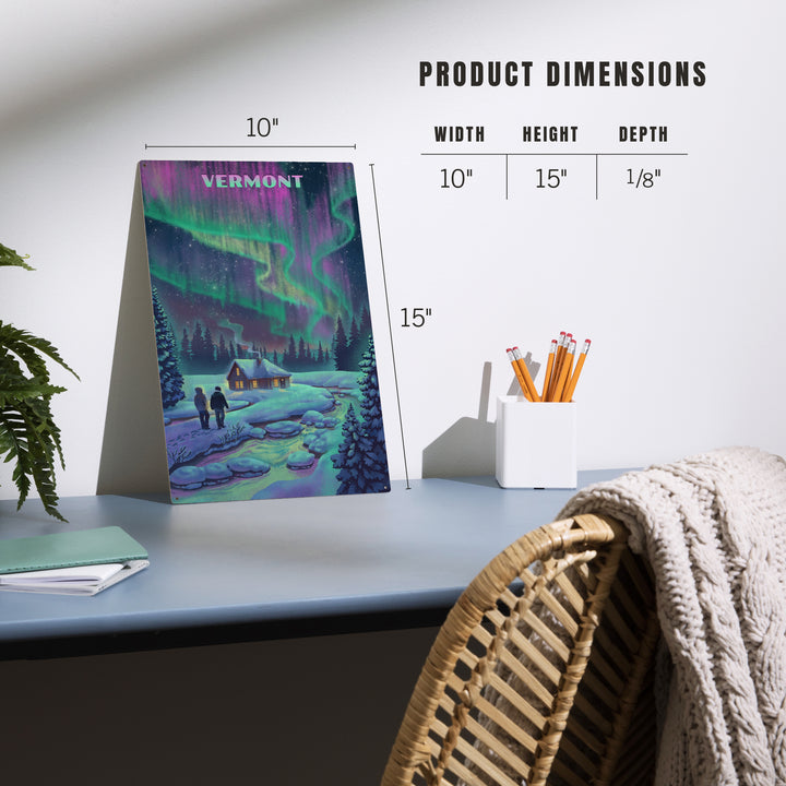 Vermont, Litho, Northern Lights and Cabin, Wood Sign and Postcards