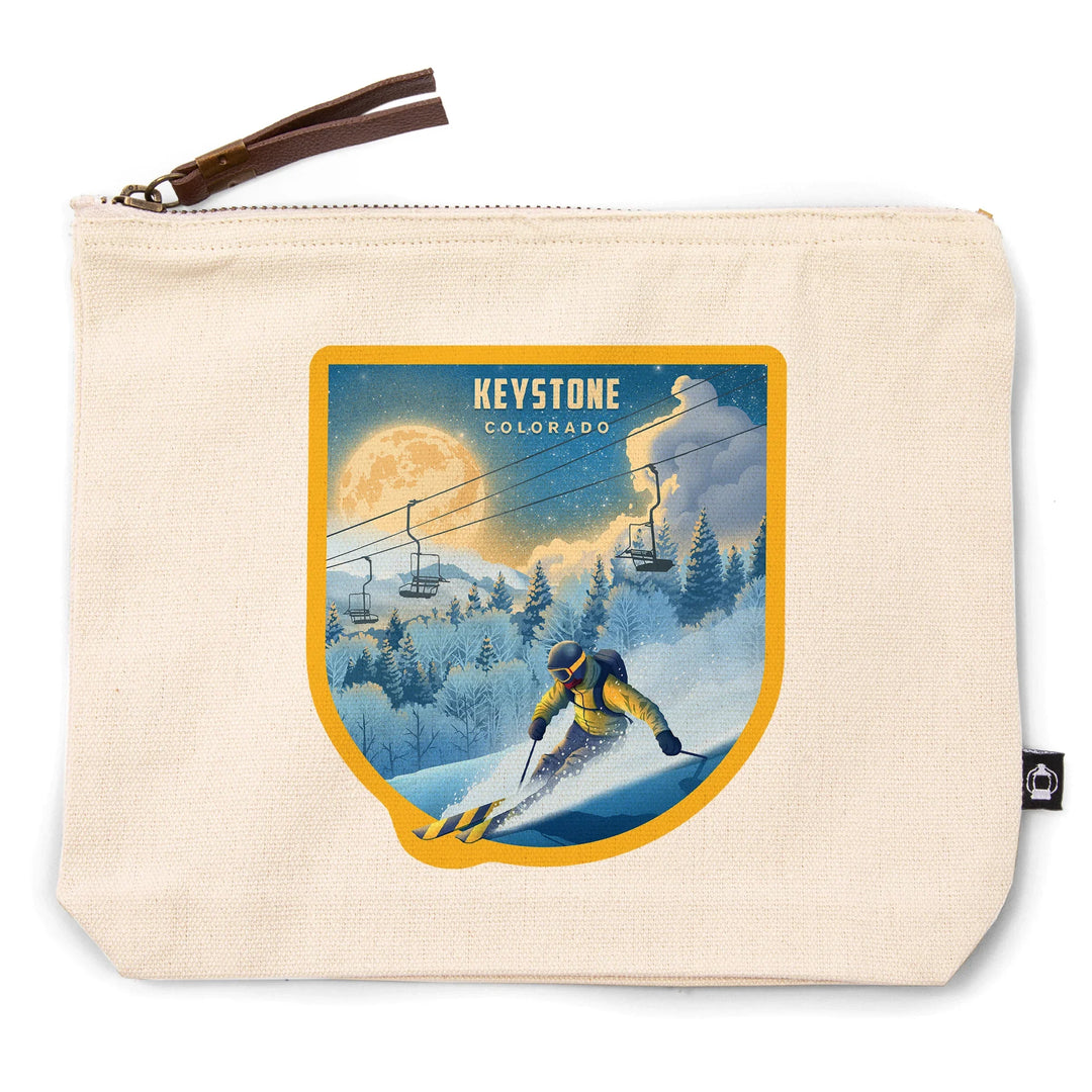 Keystone, Colorado, Lithograph, Night Ski, Organic Cotton Zipper Pouch, Go Bag