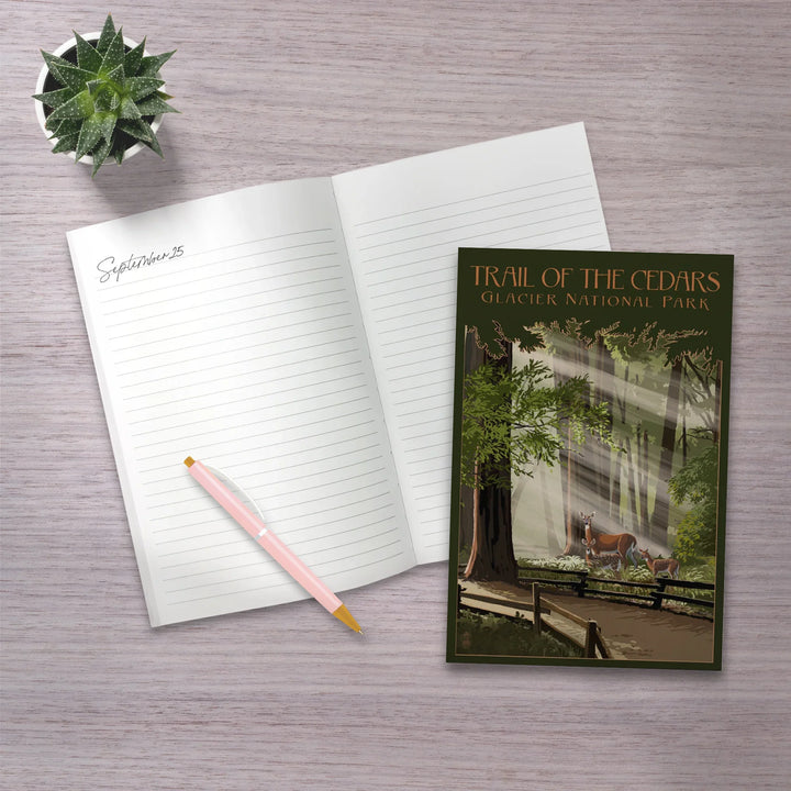 Lined 6x9 Journal, Glacier National Park, Montana, Trail of the Cedars, Deer Family, Lay Flat, 193 Pages, FSC paper