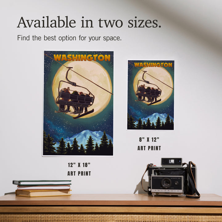 Washington Ski Lift, Full Moon Snowboarder, Art & Giclee Prints