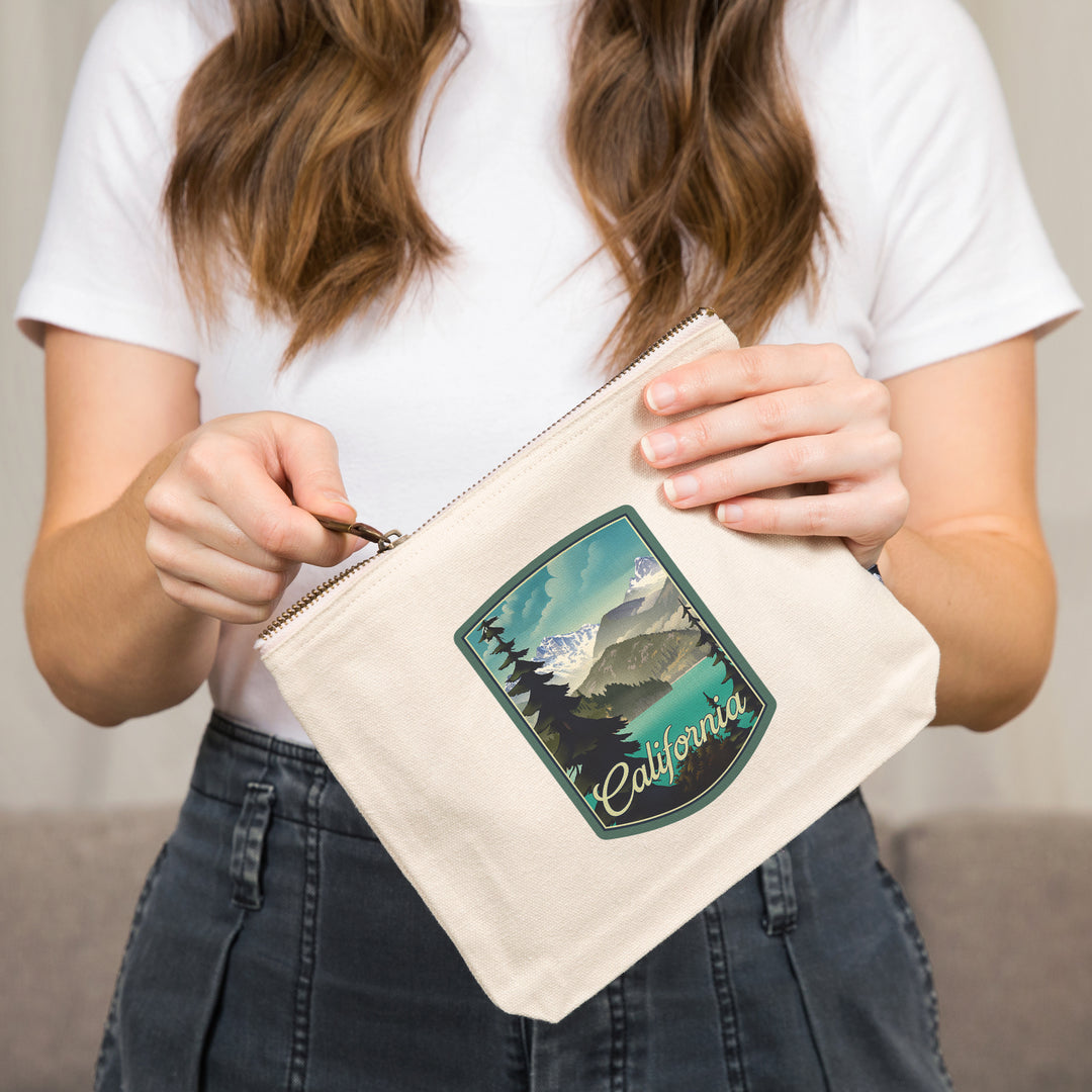California, Lithograph, Lake and Mountains Scene,, Organic Cotton Zipper Pouch, Go Bag