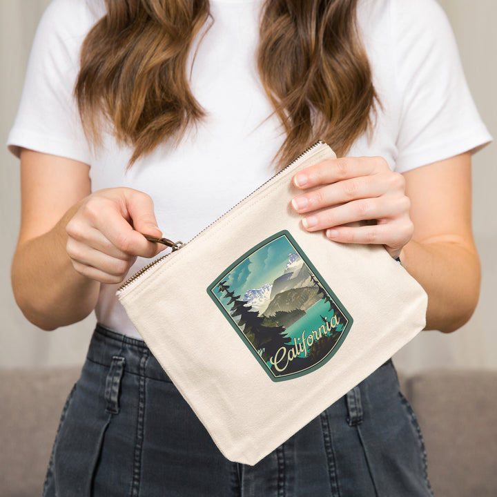California, Lithograph, Lake and Mountains Scene,, Organic Cotton Zipper Pouch, Go Bag