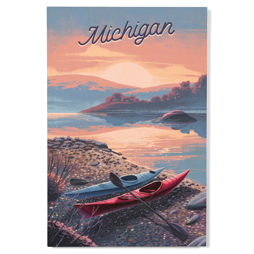Michigan, Glassy Sunrise, Kayak, Wood Signs and Postcards