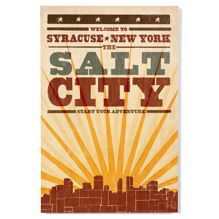 Syracuse, New York, Skyline & Sunburst Screenprint Style, Lantern Press Artwork, Wood Signs and Postcards