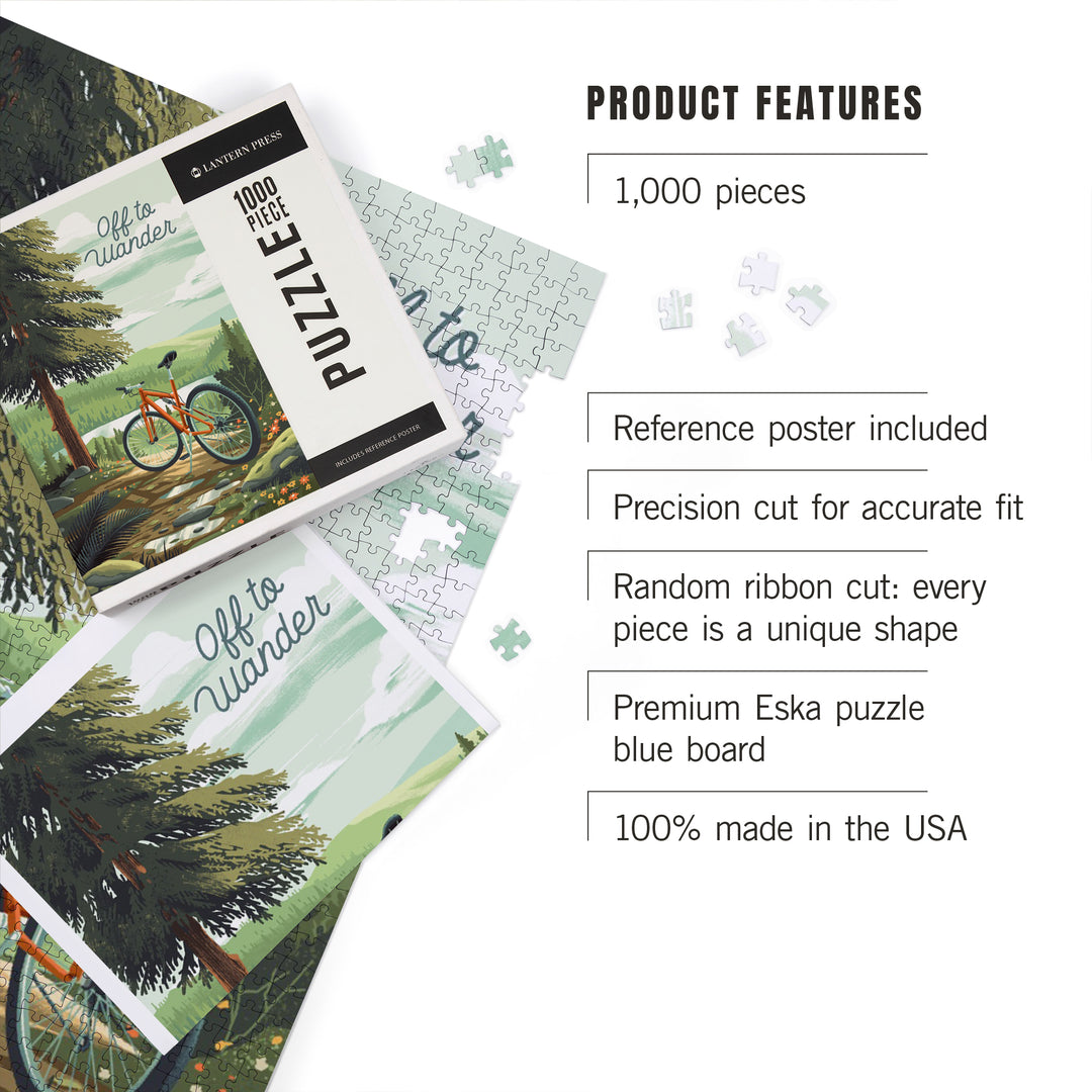 Off To Wander, Cycling with Hills, Evergreens, 1000 Piece Jigsaw Puzzle