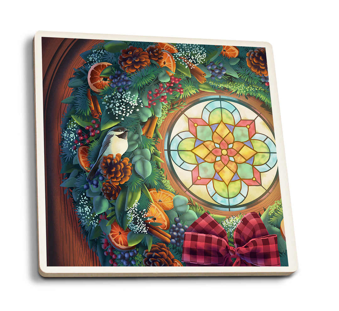 Christmas Wreath and Stained Glass Window, Coaster Set
