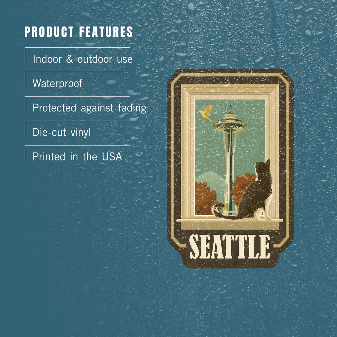 Seattle, Washington, Space Needle and Cat Window, Contour, Vinyl Sticker