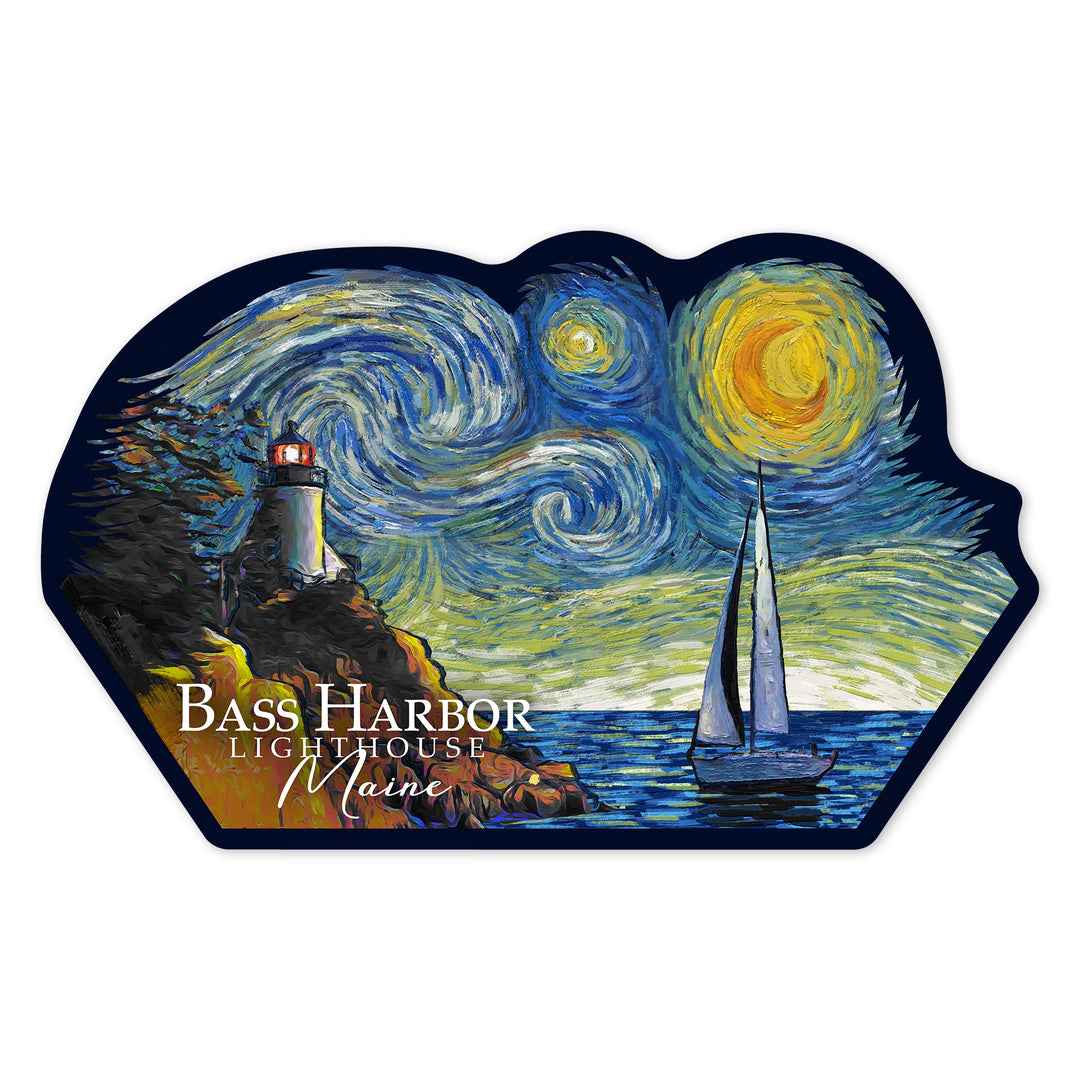 Bass Harbor Lighthouse, Maine, Starry Night, Contour, Lantern Press Artwork, Vinyl Sticker