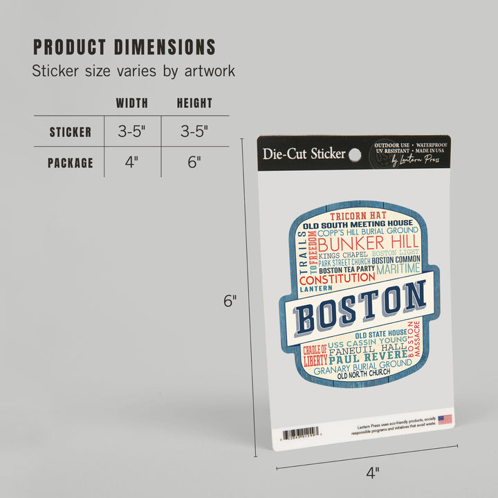 Boston, Massachusetts, Rustic Typography, Contour, Vinyl Sticker
