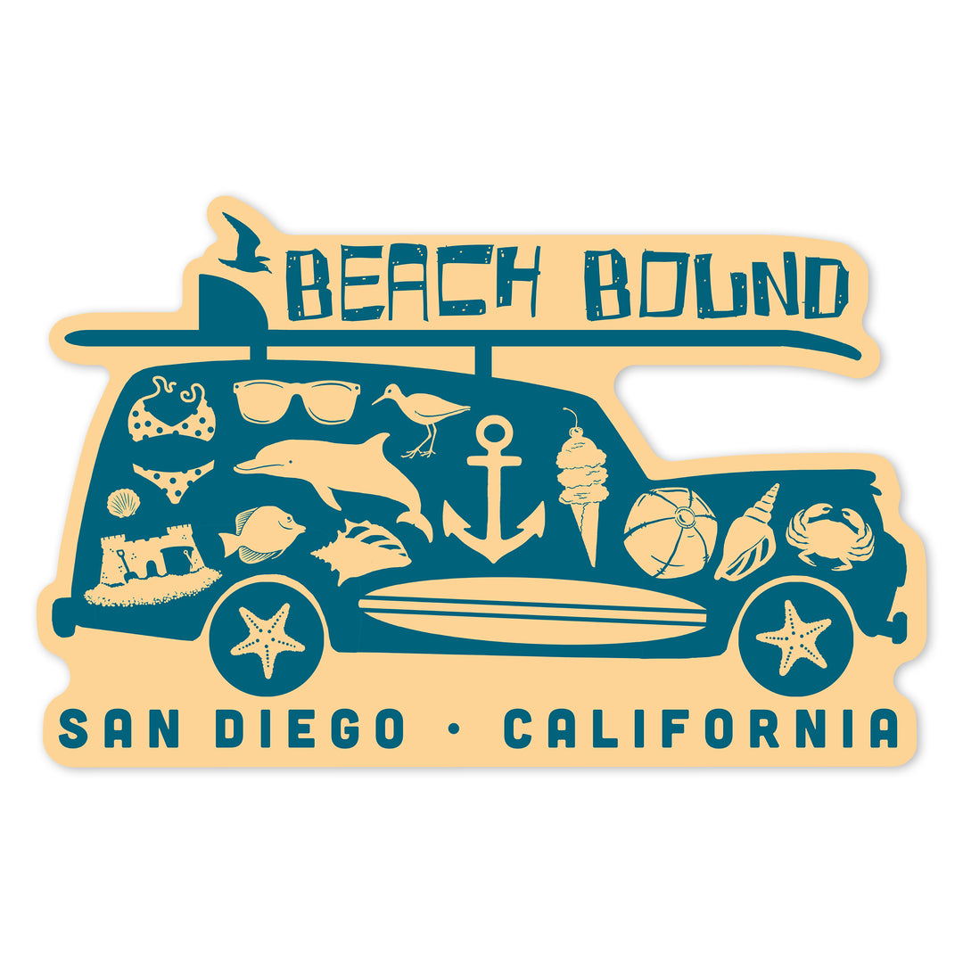 San Diego, California, Coastal Icons, Contour, Lantern Press Artwork, Vinyl Sticker