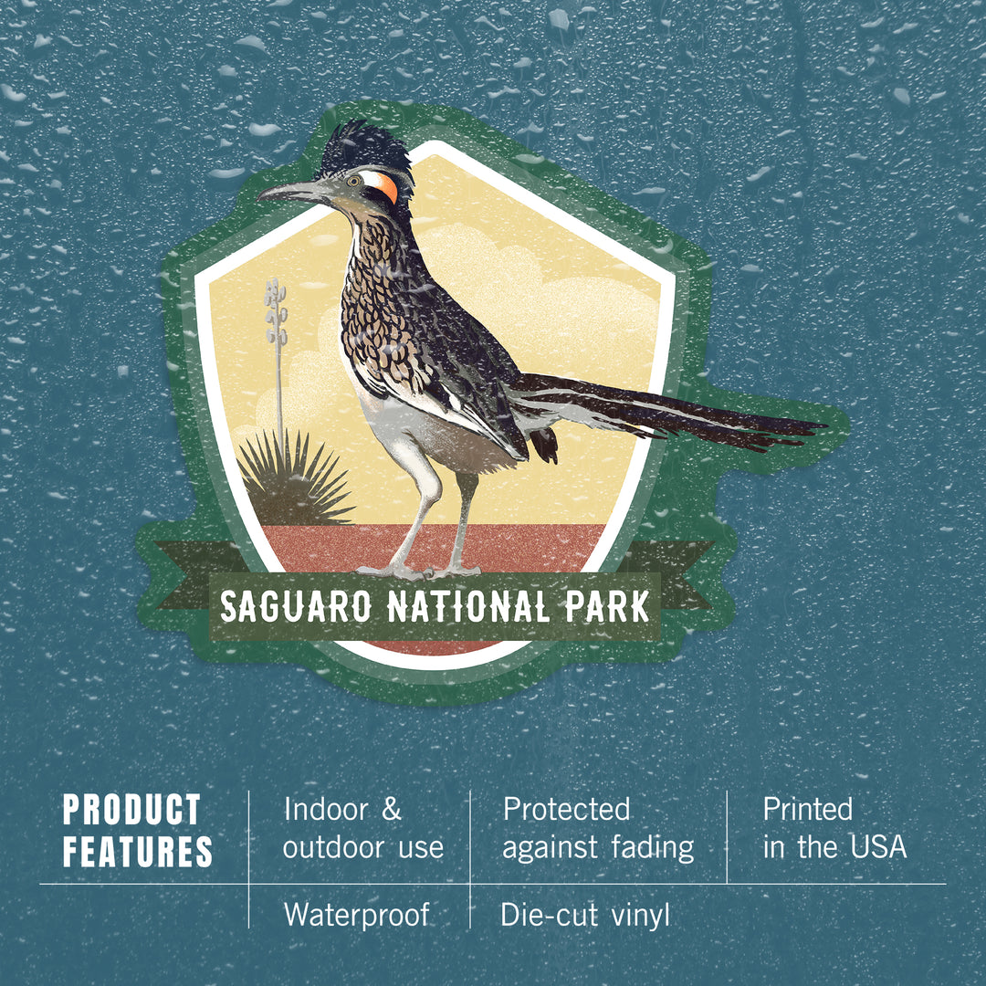 Saguaro National Park, Arizona, Lithograph Roadrunner, Contour, Lantern Press Artwork, Vinyl Sticker