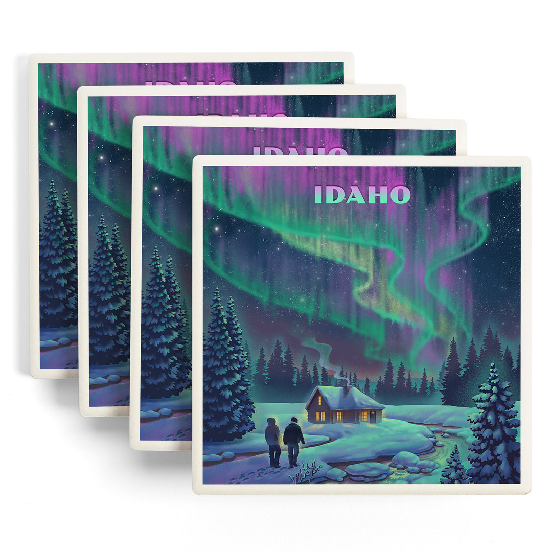 Idaho, Lithograph Northern Lights and Cabin, Coasters