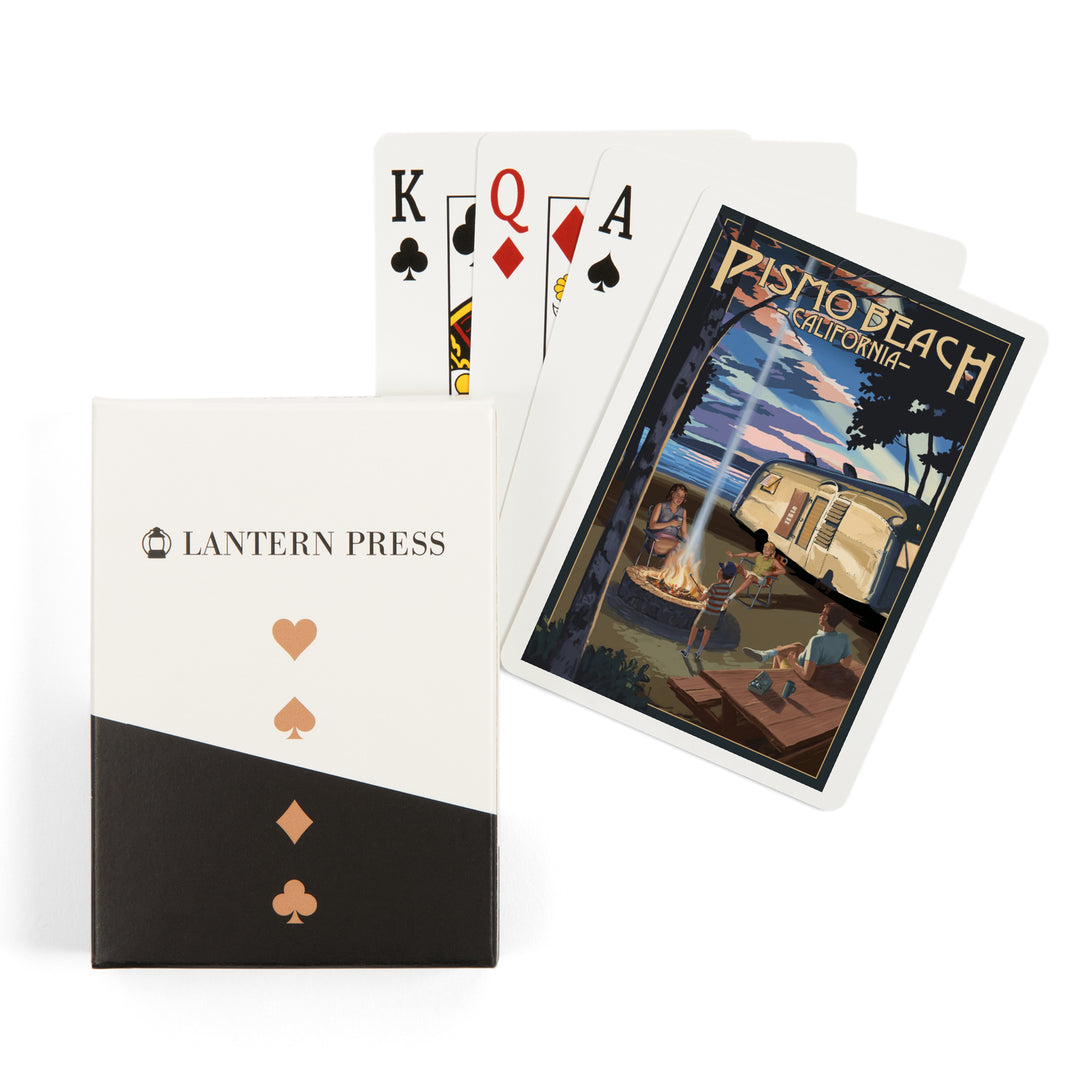 Playing Cards, Pismo Beach, California, Retro Camper and Lake, 52 Card Deck with Jokers in Box, Unique Art