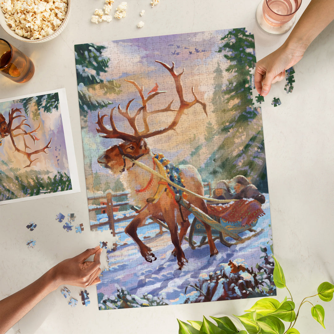 Holiday Tradition, Reindeer Sleigh Ride Through Mountain Snow, Jigsaw Puzzle