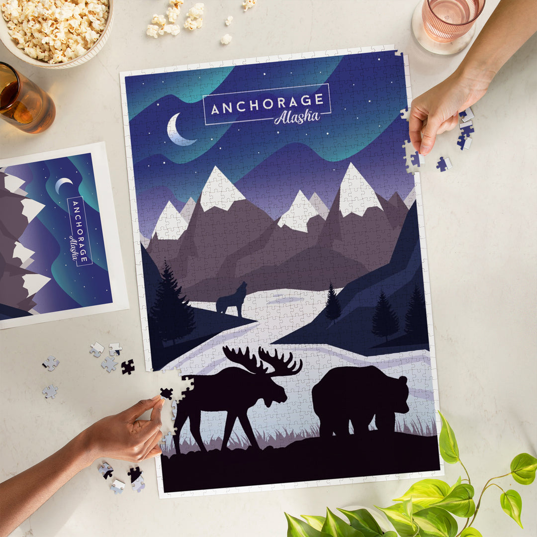 Anchorage, Alaska, Northern Lights, Night Scene, Stay Wild, Bear and Mountain Silhouette, Jigsaw Puzzle