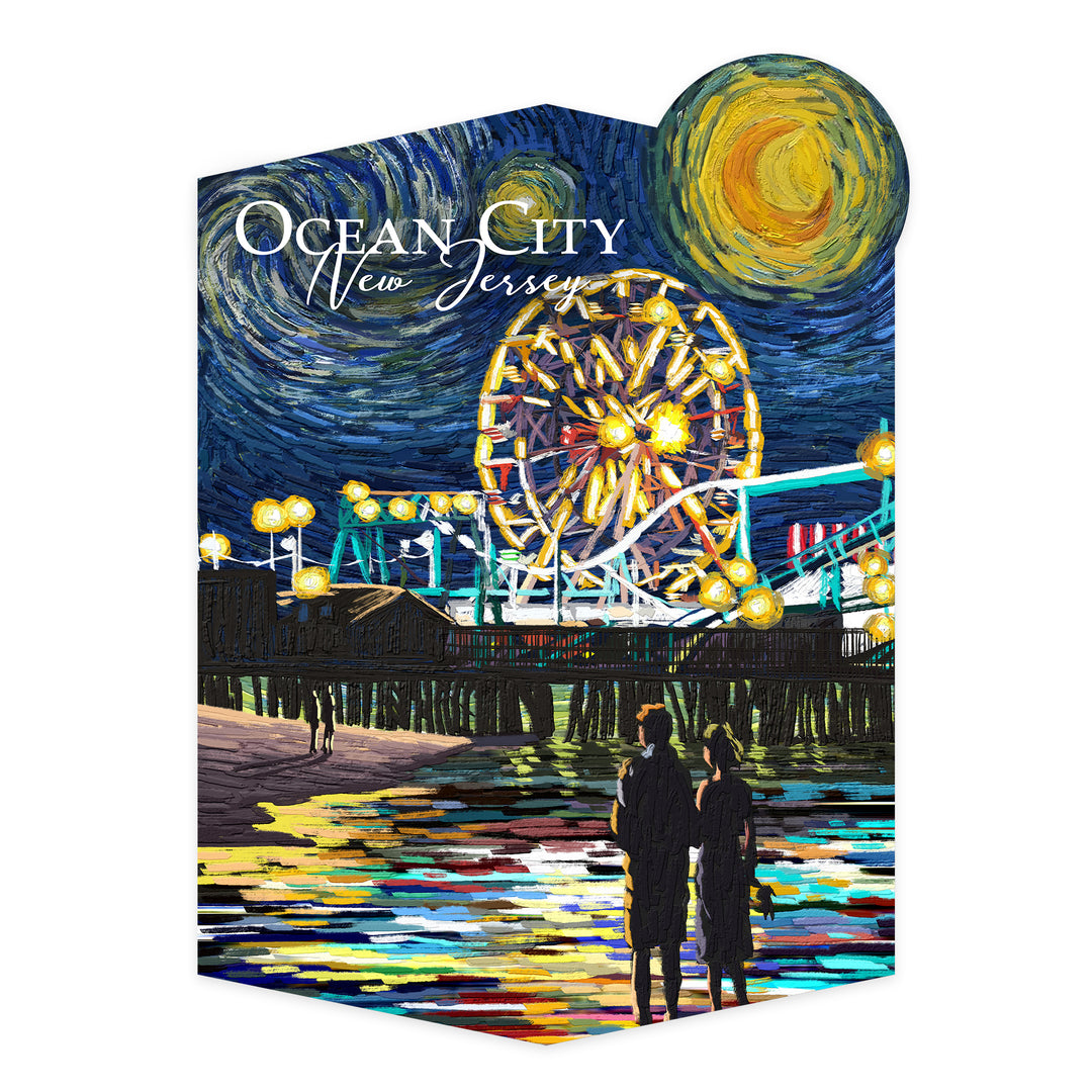 Ocean City, New Jersey, Pier, Starry Night, Contour, Vinyl Sticker