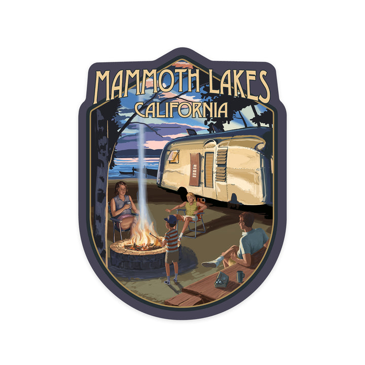 Mammoth Lakes, California, Retro Camper and Mountains, Contour, Vinyl Sticker