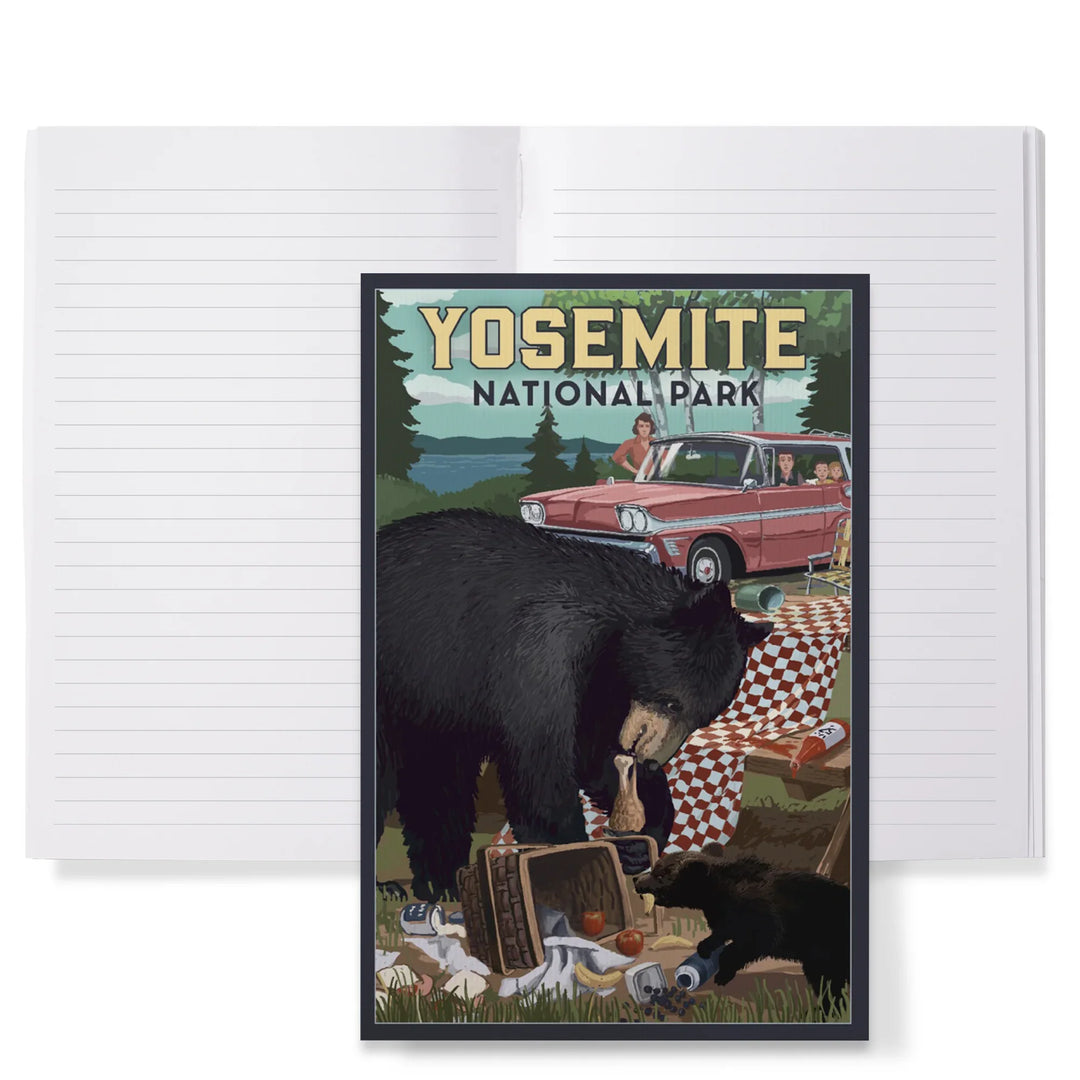 Lined 6x9 Journal, Yosemite National Park, California, Bear and Picnic Scene, Lay Flat, 193 Pages, FSC paper