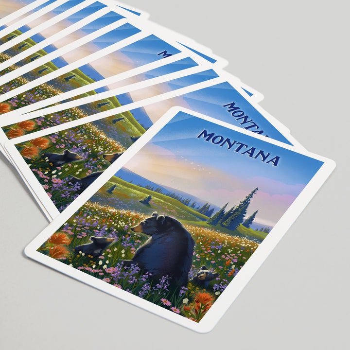 Playing Cards, Montana, Lithograph, Bear Family in Field, 52 Card Deck with Jokers in Box, Unique Art