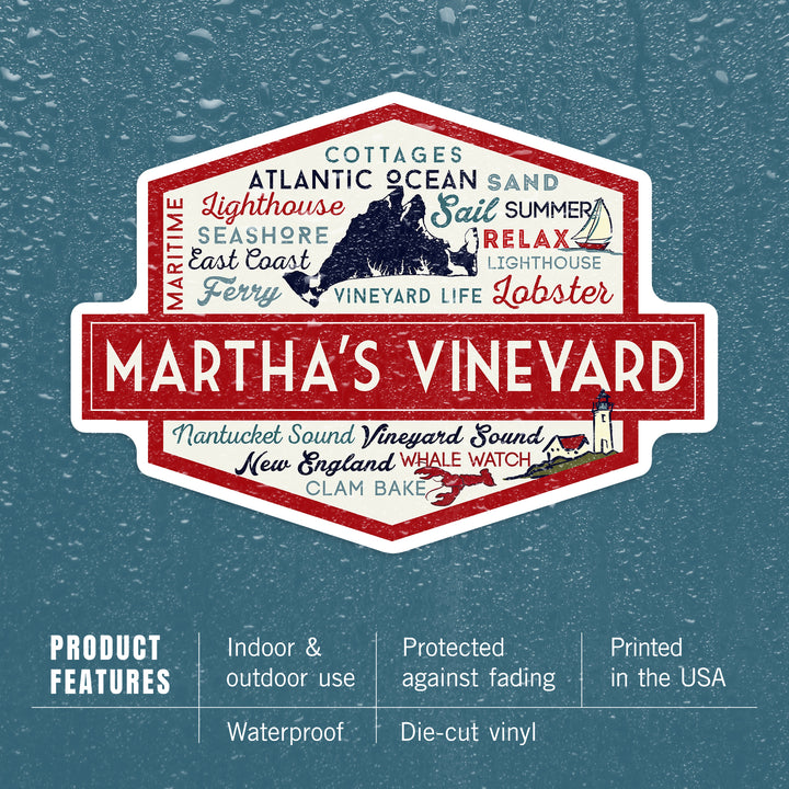 Martha's Vineyard, Massachusetts, Typography & Icons, Contour, Lantern Press Artwork, Vinyl Sticker