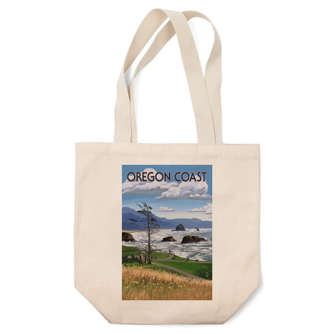 Oregon Coast, Haystack Rock Scene, Lantern Press Artwork, Tote Bag