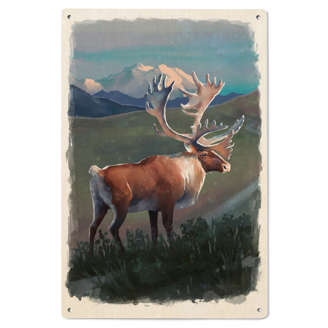 Watercolor Study, Caribou with Mountain, Wood Signs and Postcards