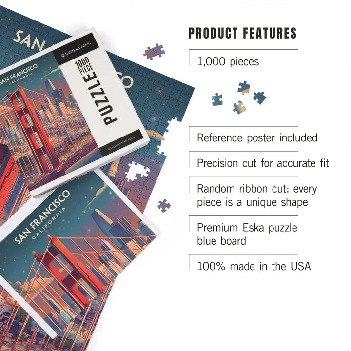 San Francisco, California, Lithograph, Skyline at Dusk, Jigsaw Puzzle