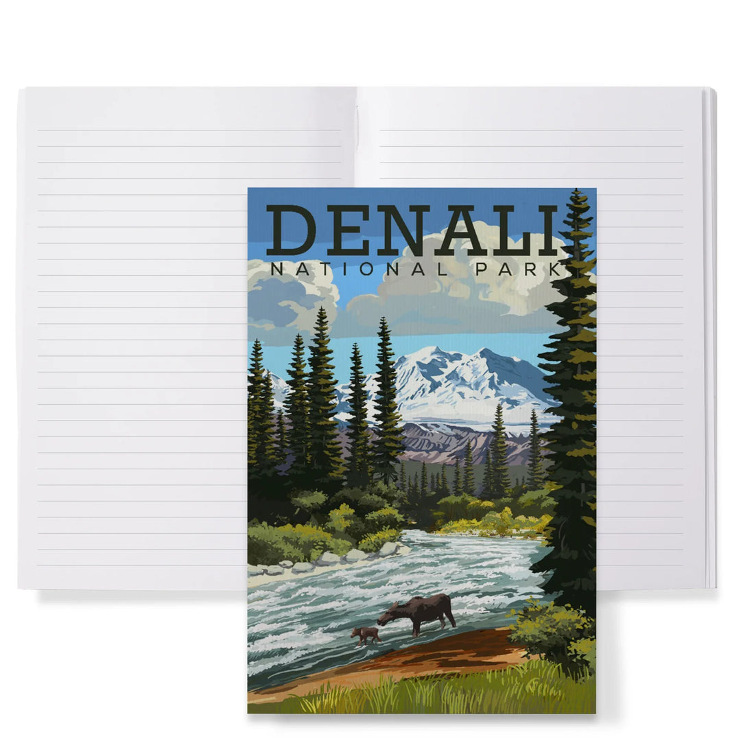 Lined 6x9 Journal, Denali National Park, Alaska, Moose and River Rapids, Lay Flat, 193 Pages, FSC paper