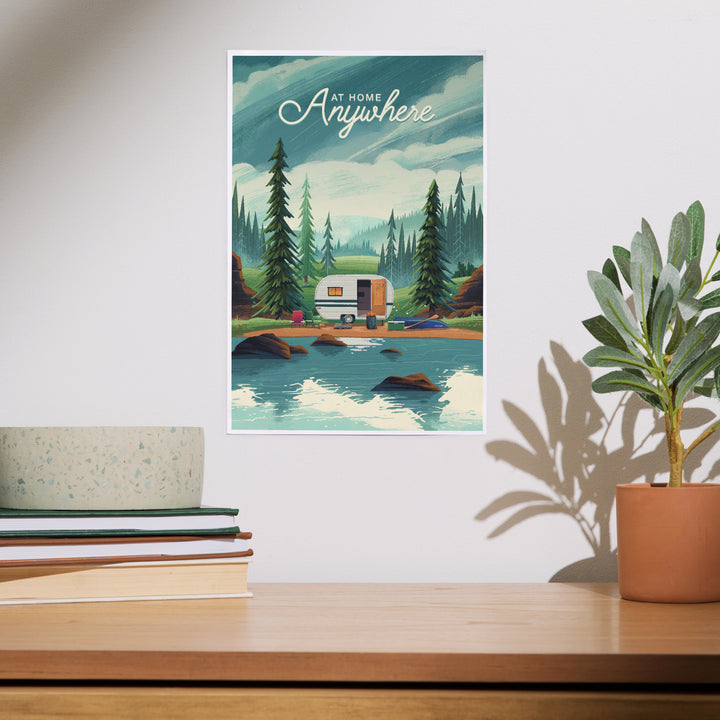 Outdoor Activity, At Home Anywhere, Camper in Evergreens art prints, metal signs