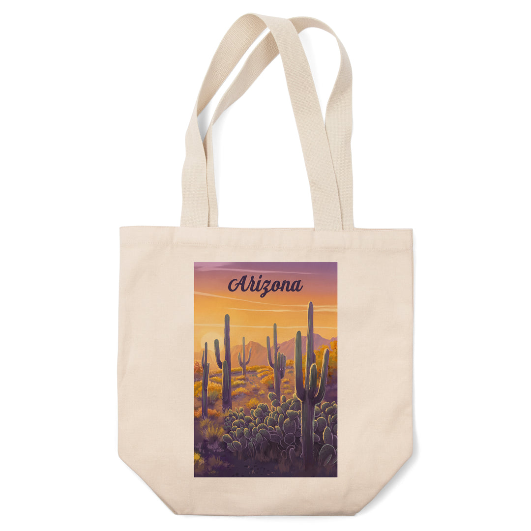 Arizona, Oil Painting, Cactus and Golden Sunset, Tote Bag