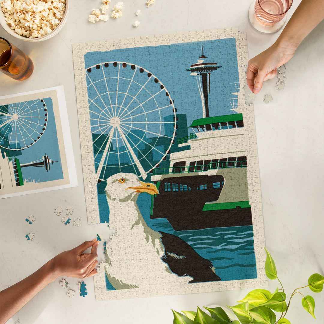 Seattle, Washington, Woodblock City Series, Waterfront, 1000 Piece Jigsaw Puzzle