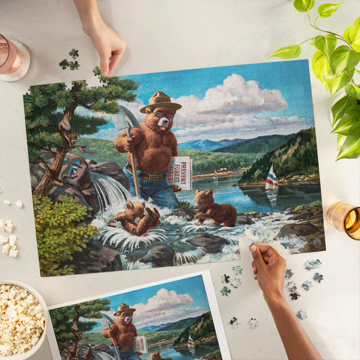 Smokey Bear, Playing in Falls with Cubs, Vintage Poster, Jigsaw Puzzle