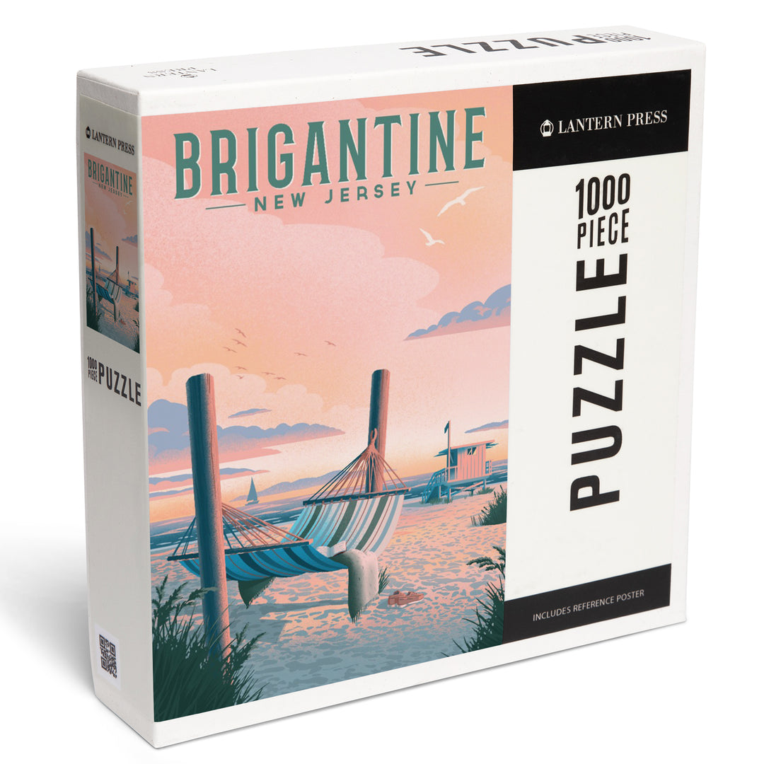 Brigantine, New Jersey, Lithograph, Salt Air, No Cares, Hammock on Beach, Jigsaw Puzzle