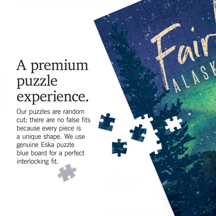 Fairbanks, Alaska, Lithograph, Northern Lights and Sled Dogs, Jigsaw Puzzle