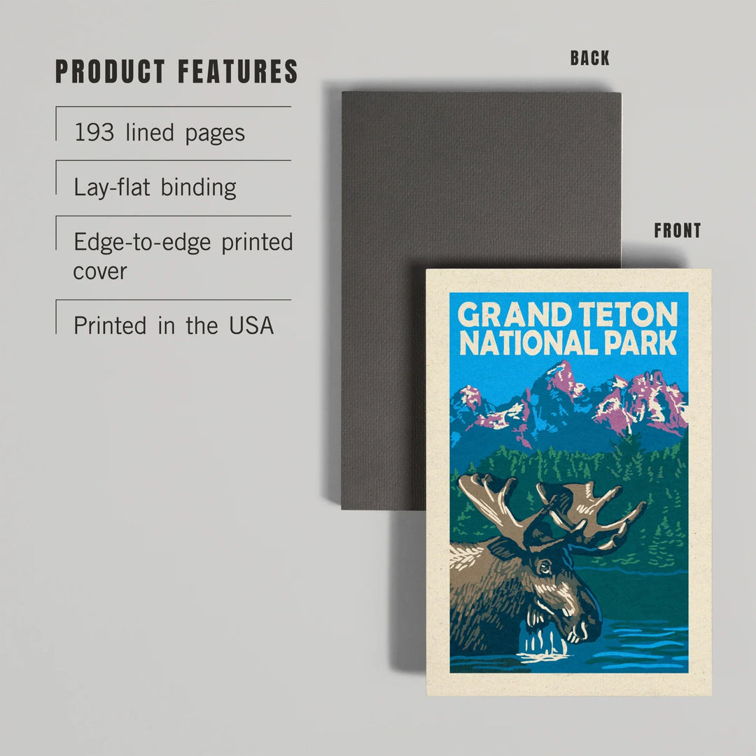 Lined 6x9 Journal, Grand Teton National Park, Moose in Lake, Woodblock, Lay Flat, 193 Pages, FSC paper
