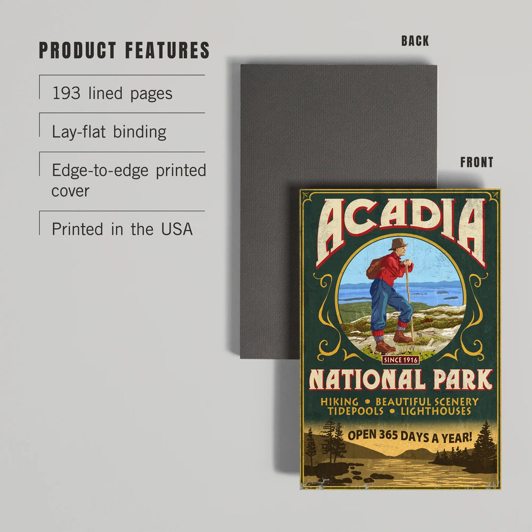 Lined 6x9 Journal, Acadia National Park, Maine, Vintage Hiker Sign, Lay Flat, 193 Pages, FSC paper