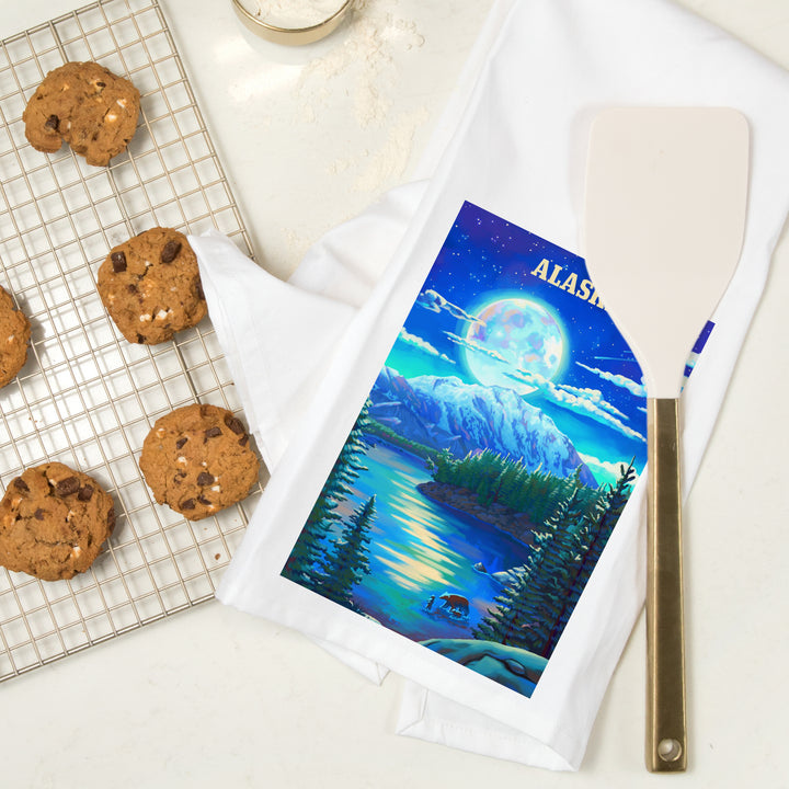 Alaska, Oil Painting, Lake and Super Moon, Organic Cotton Kitchen Tea Towels