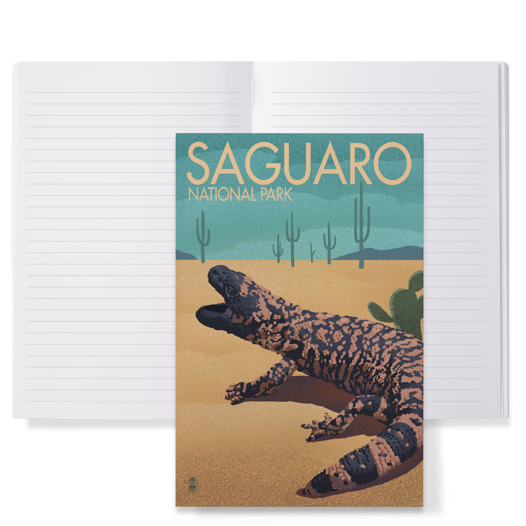 Lined 6x9 Journal, Saguaro National Park, Arizona, Gila Monster and Cactus, Lithograph, Lay Flat, 193 Pages, FSC paper