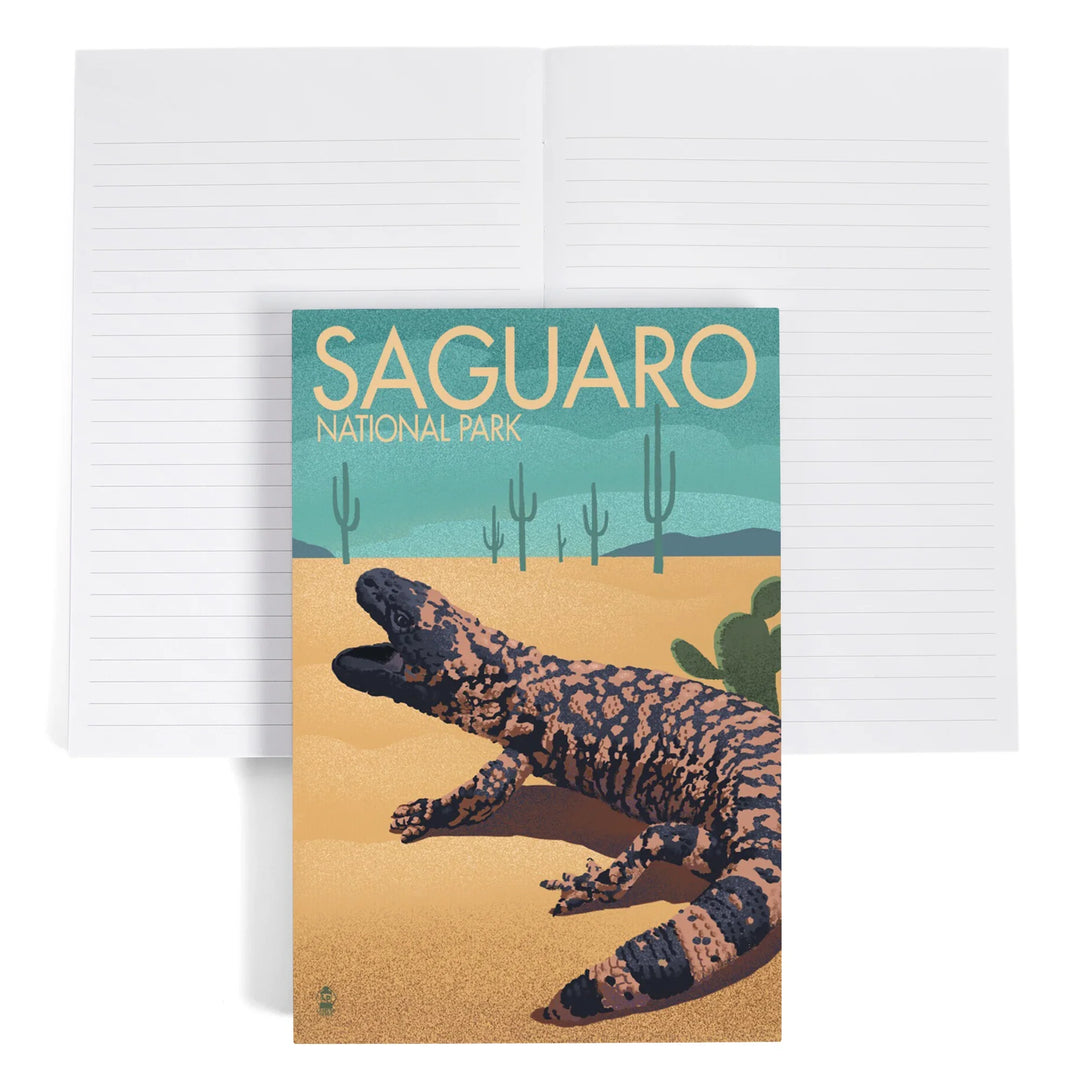 Lined 6x9 Journal, Saguaro National Park, Arizona, Gila Monster and Cactus, Lithograph, Lay Flat, 193 Pages, FSC paper