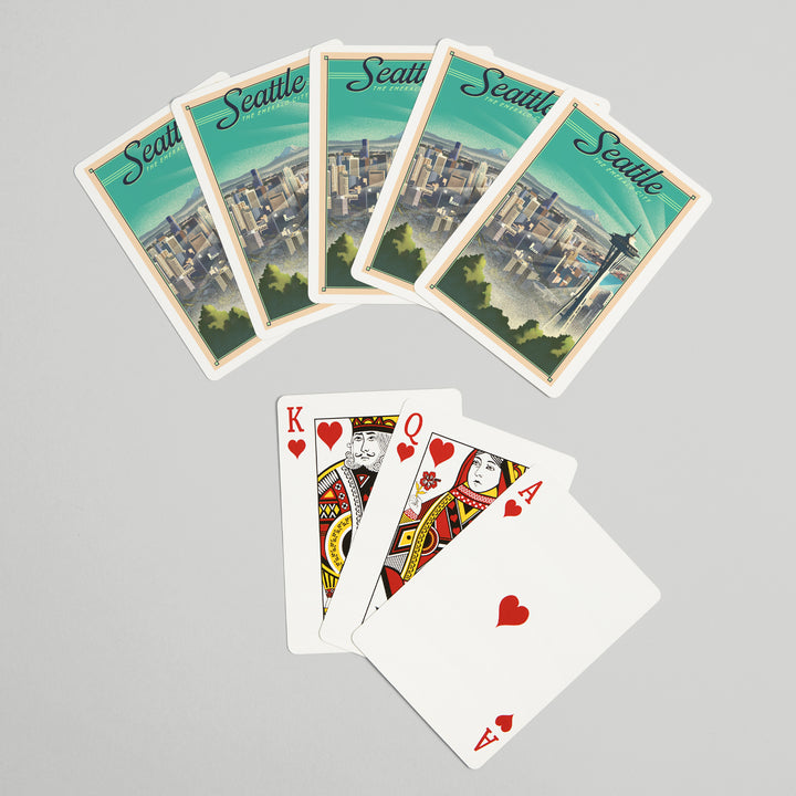 Playing Cards, Seattle, Washington, Skyline, Lithograph, 52 Card Deck with Jokers in Box, Unique Art