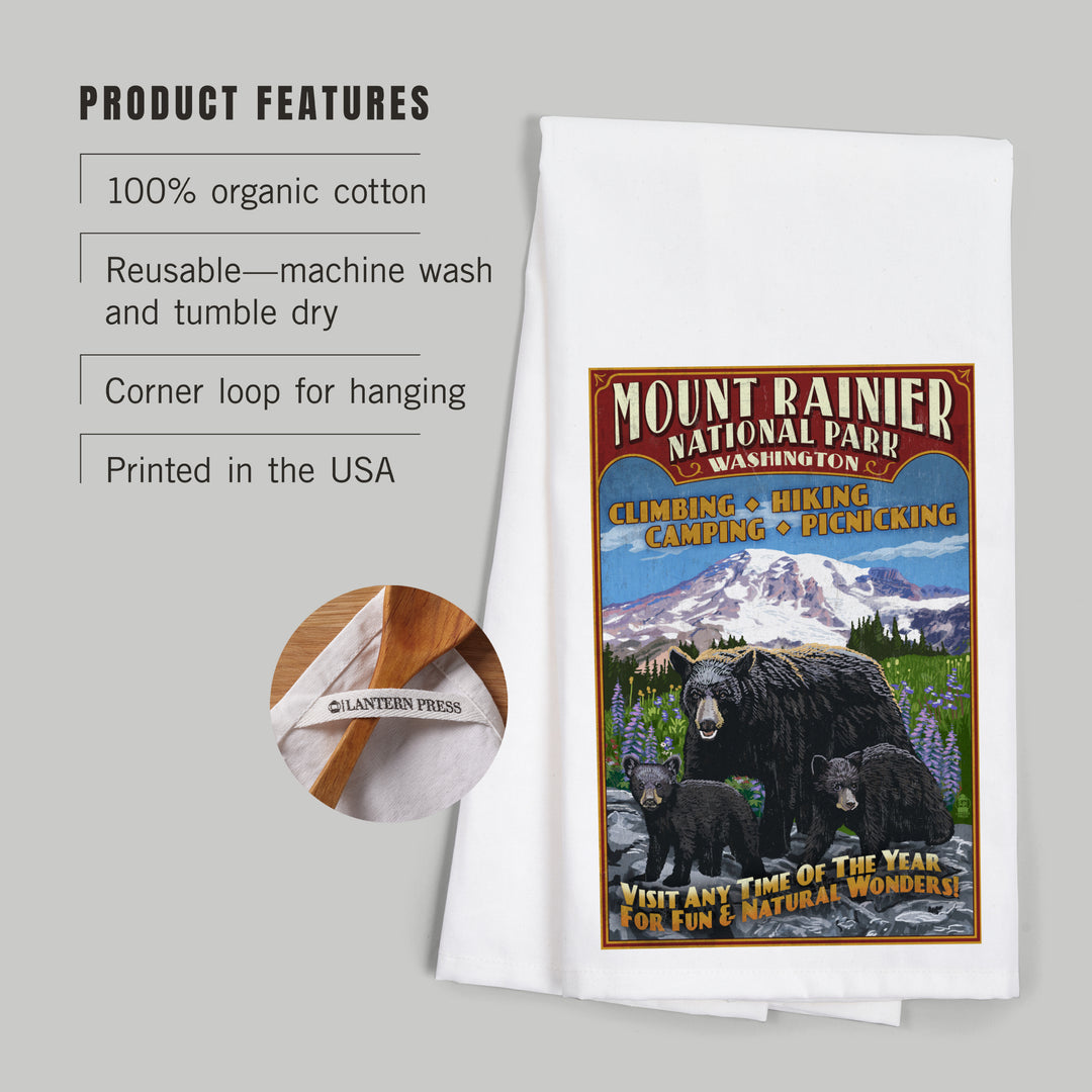 Mount Rainier National Park, Bear Family Vintage Sign, Organic Cotton Kitchen Tea Towels