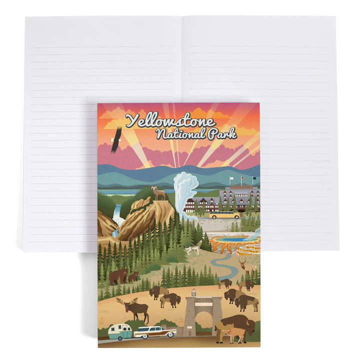 Lined 6x9 Journal, Yellowstone National Park, Wyoming, Retro View, Lay Flat, 193 Pages, FSC paper