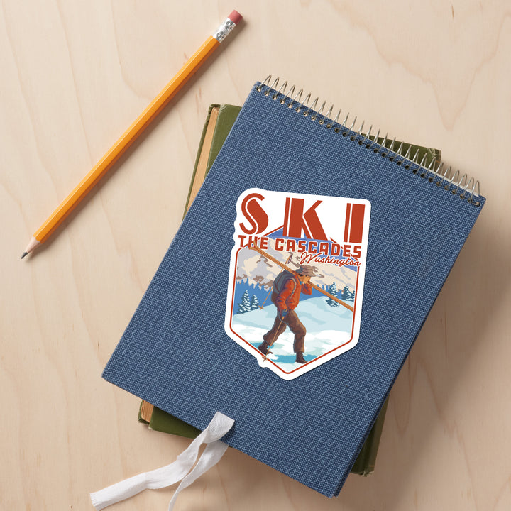 Cascades, Washington, Skier Carrying Skiis, Contour, Lantern Press Artwork, Vinyl Sticker