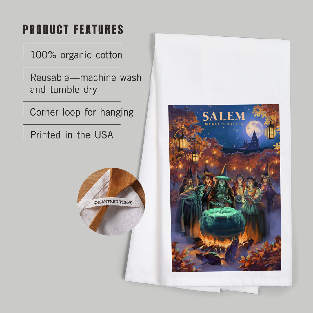Salem, Massachusetts, Oil Painting, Witch's, Organic Cotton Kitchen Tea Towels