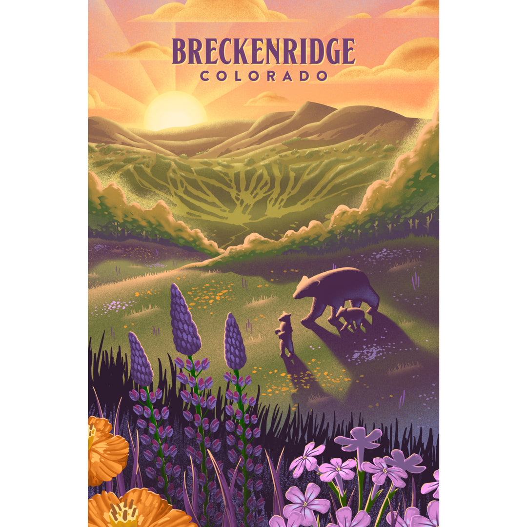 Breckenridge, Colorado, Bear and Spring Flowers, Ski Mountain, Lithograph, Stretched Canvas