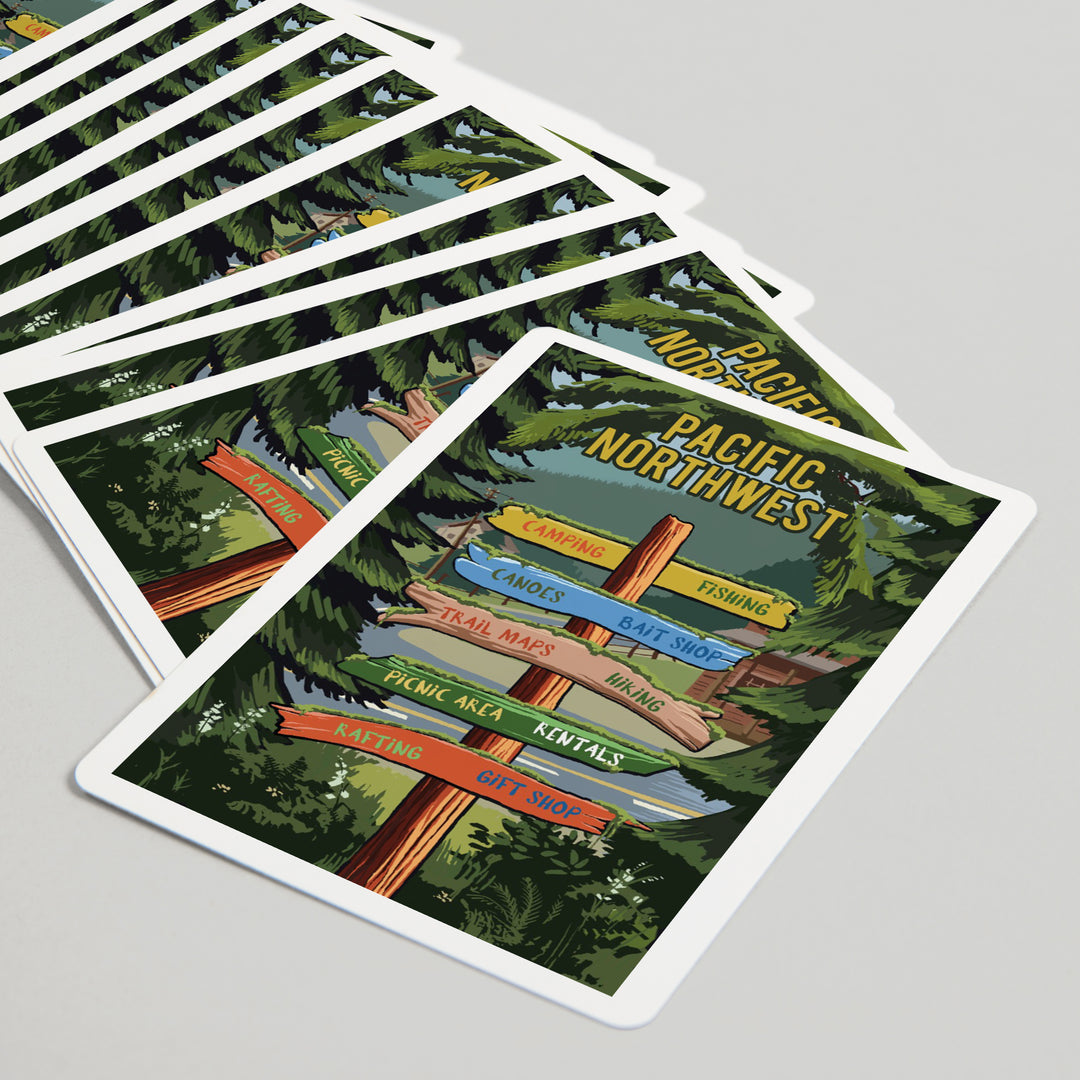 Playing Cards, Pacific Northwest, Signpost, Forest and Camp, 52 Card Deck with Jokers in Box, Unique Art
