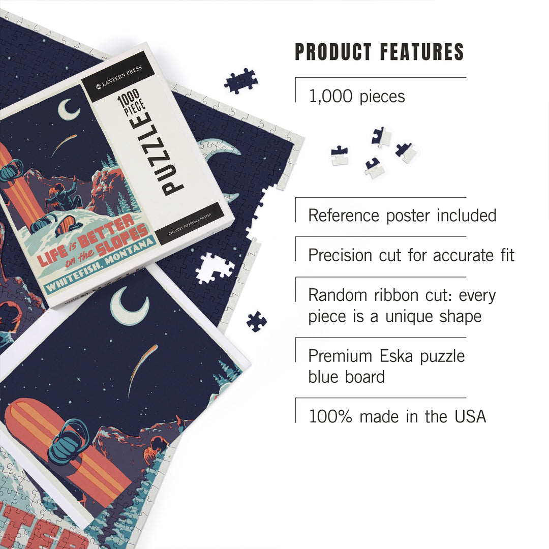 Whitefish, Montana, Life is Better on the Slopes, Woodblock, 1000 Piece Jigsaw Puzzle