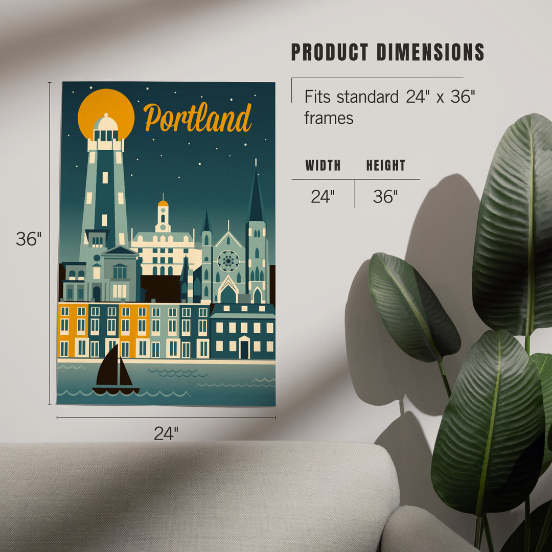Portland, Maine, Retro Skyline, Art & Giclee Prints